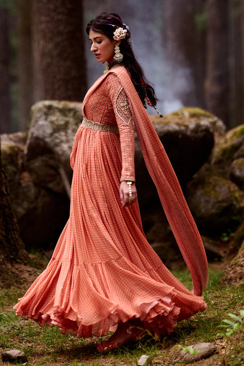 Sherbet Orange Draped Anarkali
